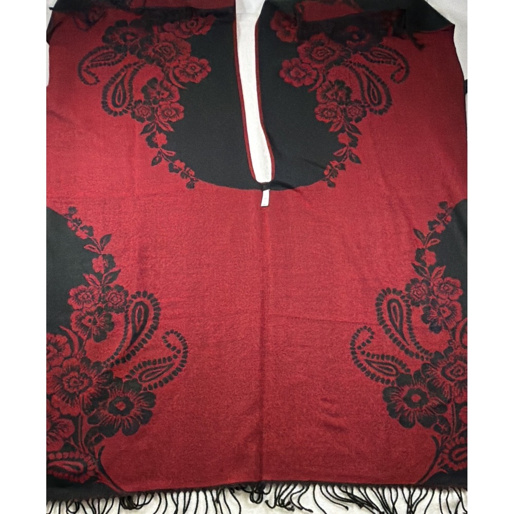 Red Black Floral Fringe Shawl Wrap Gothic Whimsigoth Boho Scarf 52x28 - Picture 4 of 8